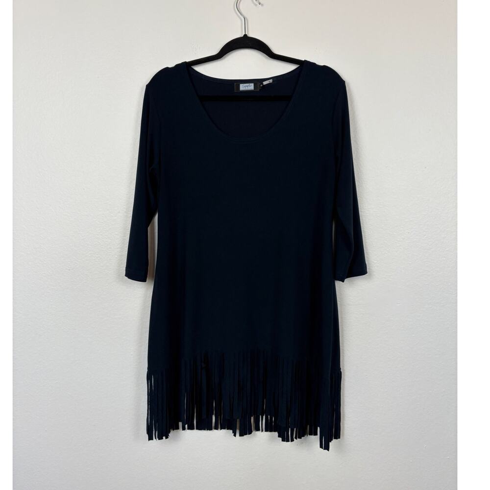 Sympli Jersey Fringe Quarter Sleeve Navy Blue Capsule Career Knee Length Dress 8